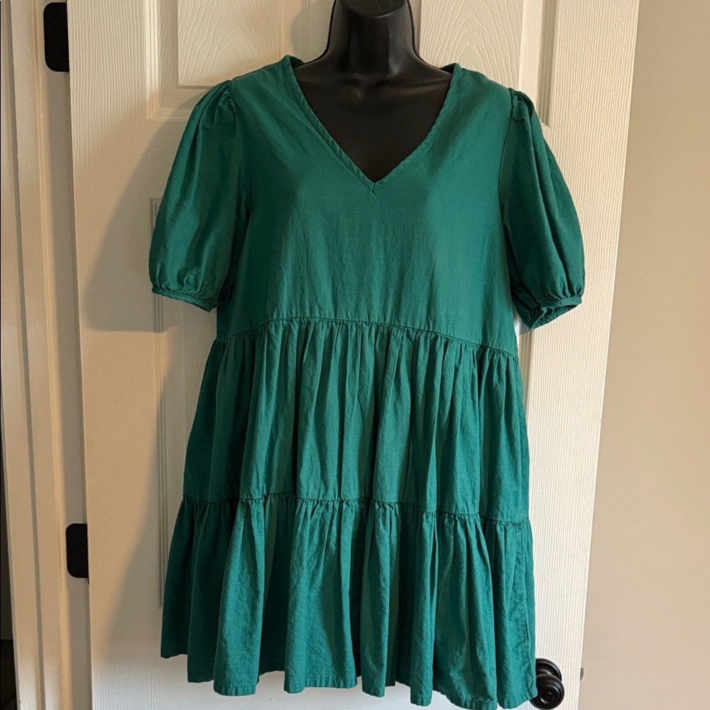 Green V-Neck Tiered Babydoll Dress
